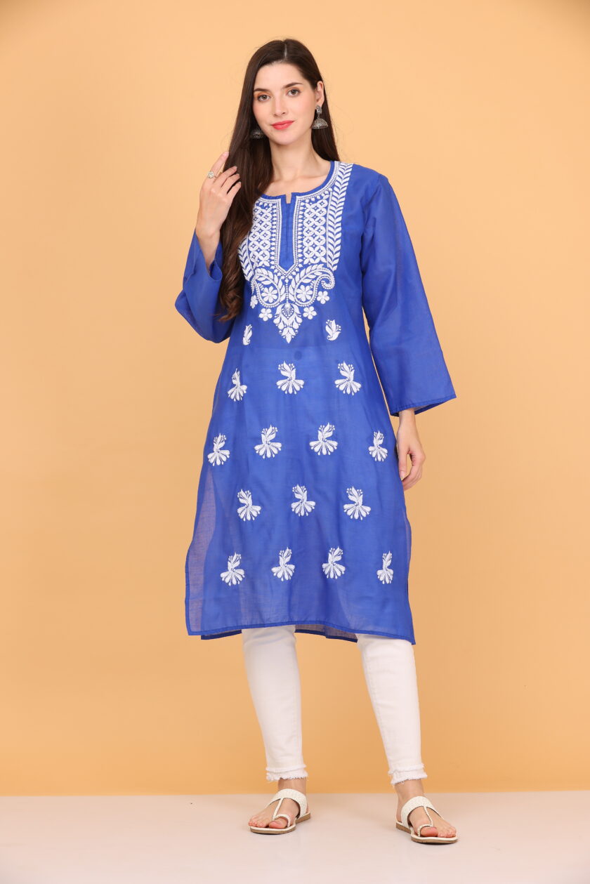 Women ChikanKari Cotton Blend A-line Kurta  (Light Blue)
