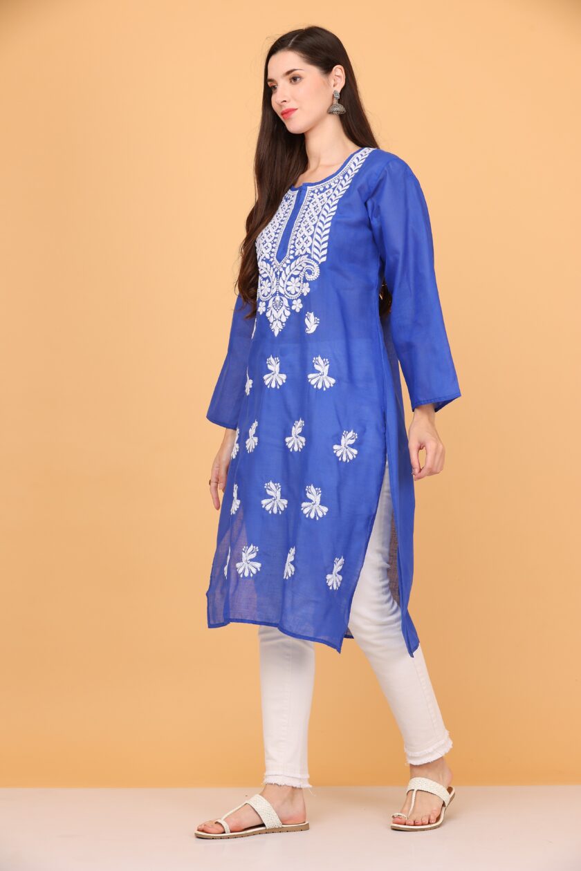 Women ChikanKari Cotton Blend A-line Kurta  (Light Blue) - Image 3