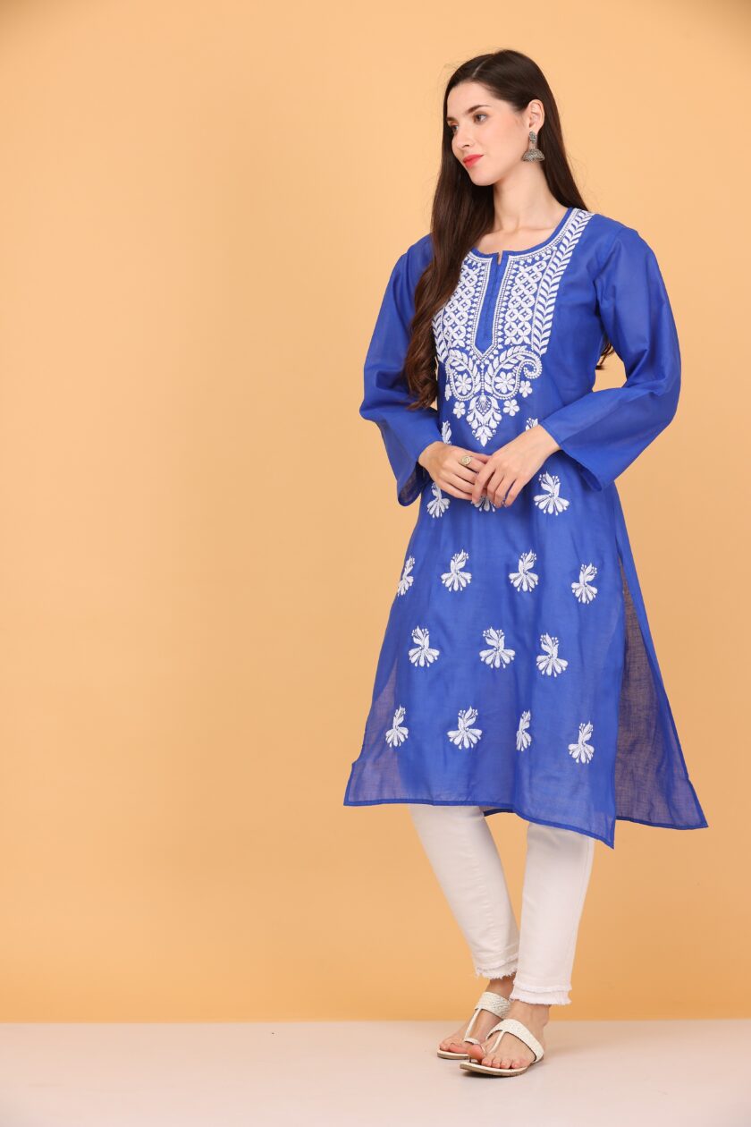 Women ChikanKari Cotton Blend A-line Kurta  (Light Blue) - Image 2