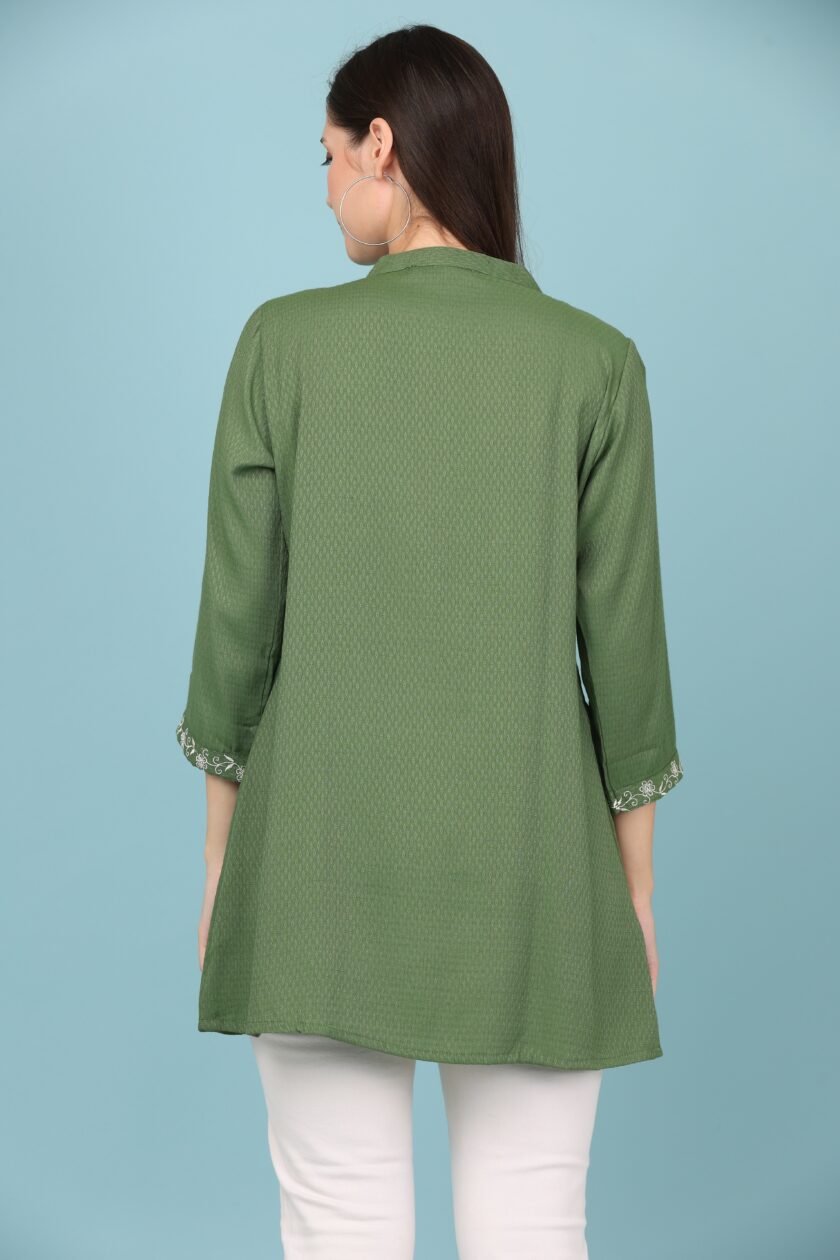 Casual Regular Sleeves Embroidered, Solid Women Green Top - Image 4