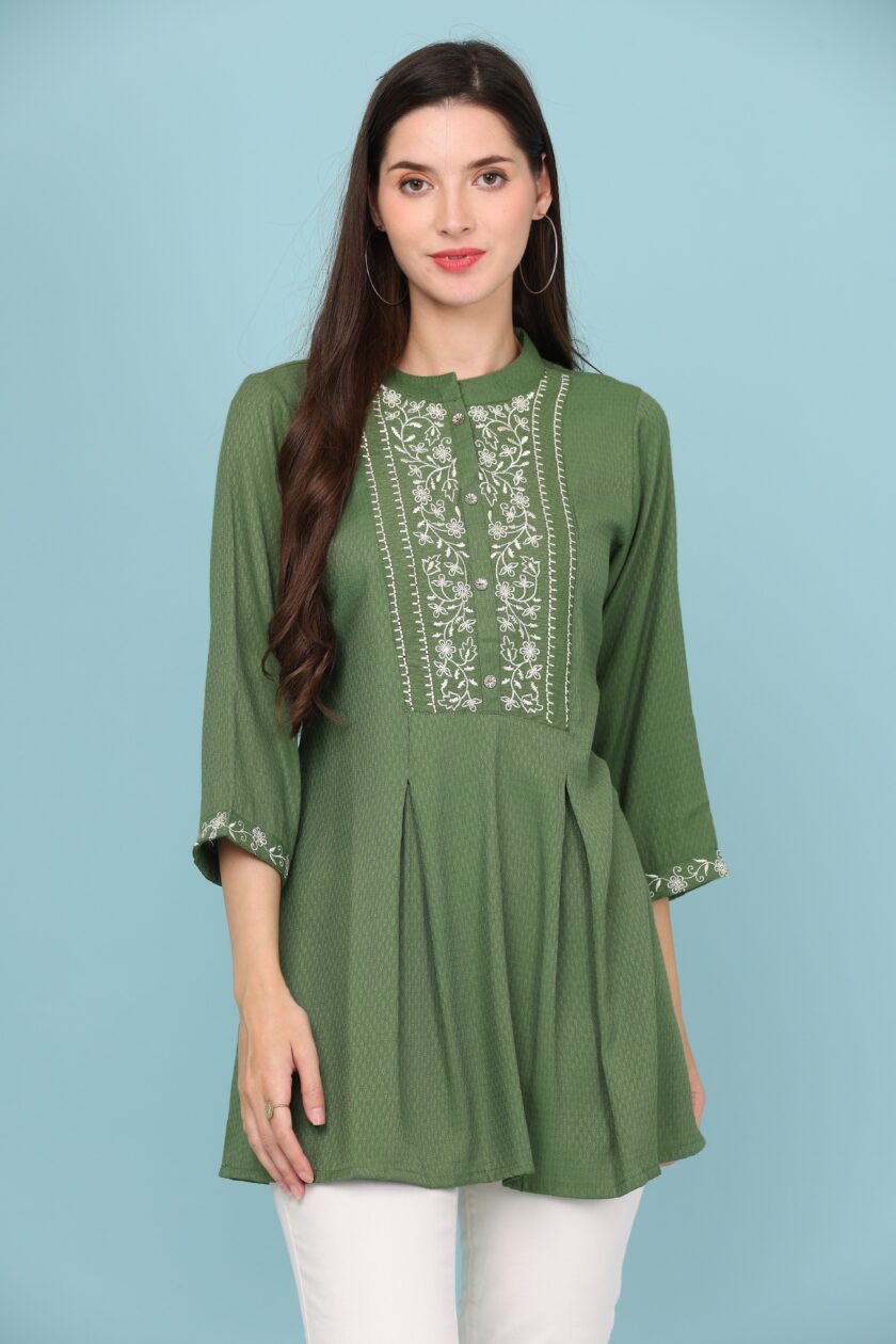 Casual Regular Sleeves Embroidered, Solid Women Green Top - Image 3
