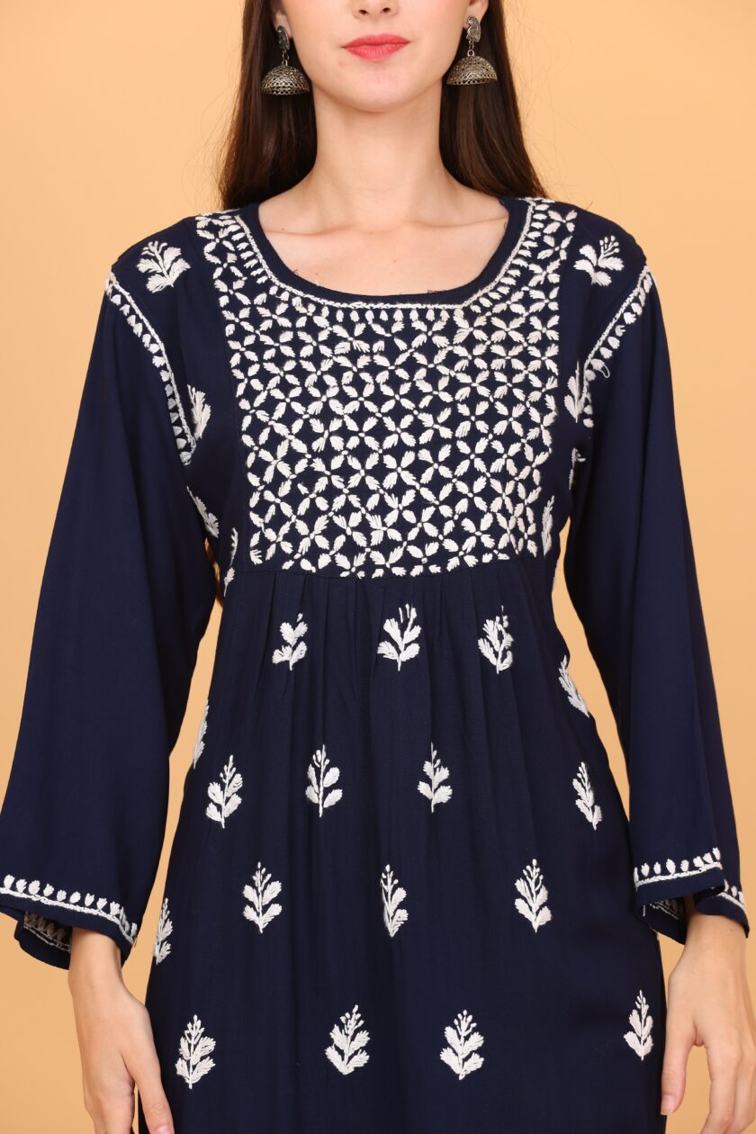 Women ChikanKari Cotton Blend A-line Kurta  (Dark Blue) - Image 2