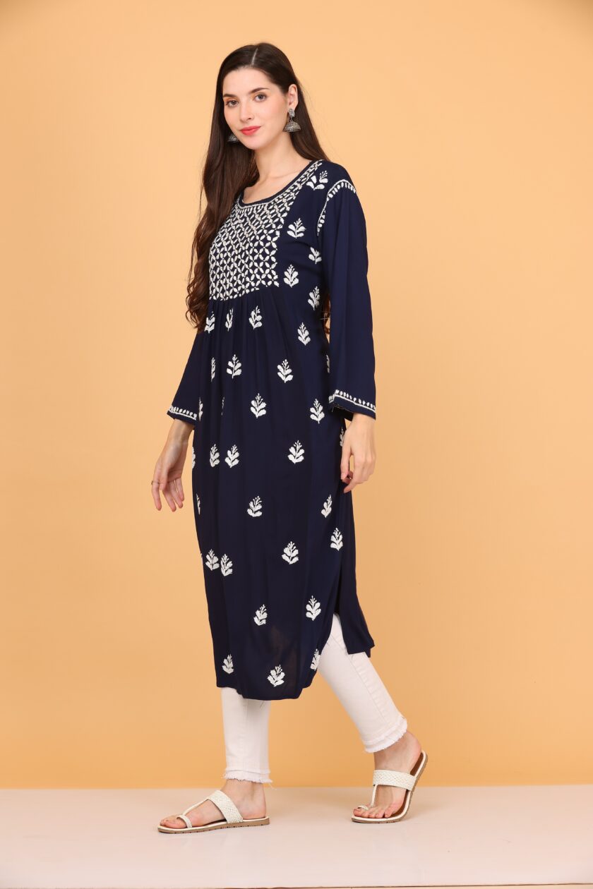 Women ChikanKari Cotton Blend A-line Kurta  (Dark Blue) - Image 3