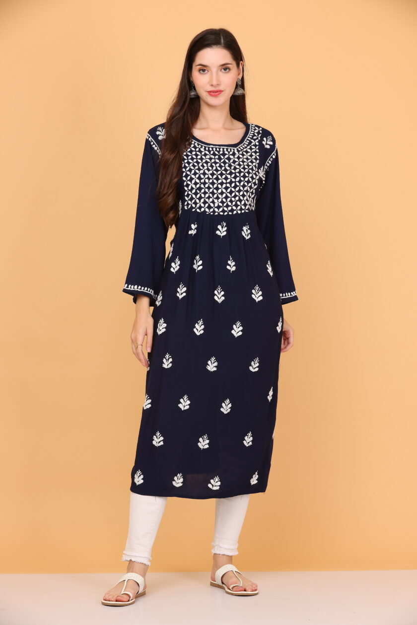 Women ChikanKari Cotton Blend A-line Kurta  (Dark Blue)