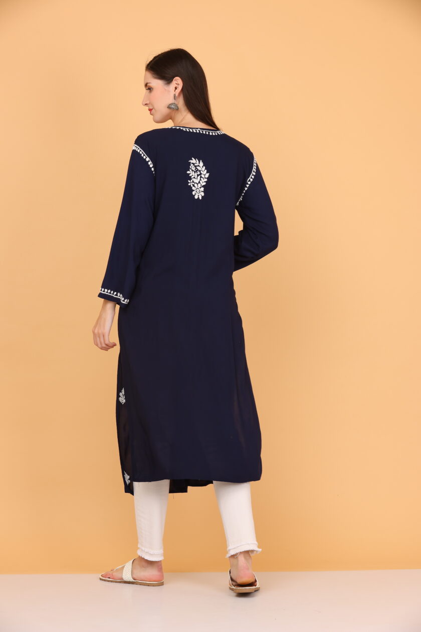 Women ChikanKari Cotton Blend A-line Kurta  (Dark Blue) - Image 4